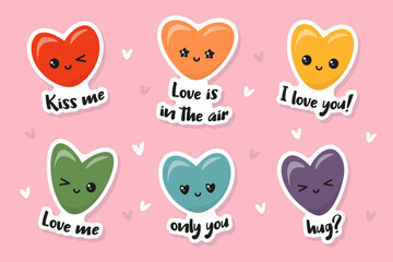 Love sticker pack. Cute hearts with kawaii eyes on pink background. Romantic stickers with text.