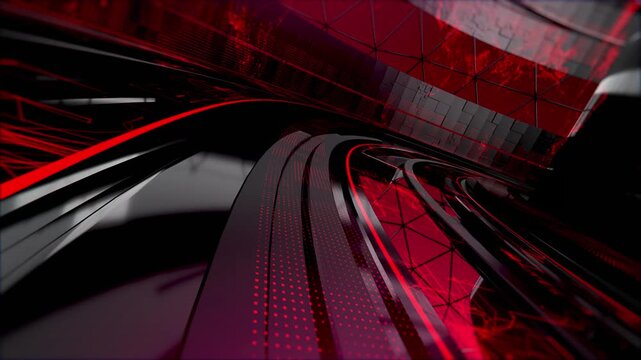 technology and information breaking news intro 3d animation in red scene with glowing high tech details for broadcast and internet tv channel