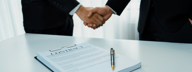 Two business executive shake hand in boardroom, sealing agreement merging two company. Handshake...
