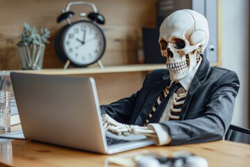 Dead Businessman Typing on Laptop at Desk with Skeleton in Suit