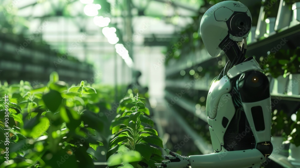 Poster a humanoid robot with a white exterior and black accents tends to plants in a greenhouse setting. th