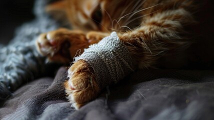 Fototapeta premium Close-up of a rescued animal with a bandaged paw,World animal Day