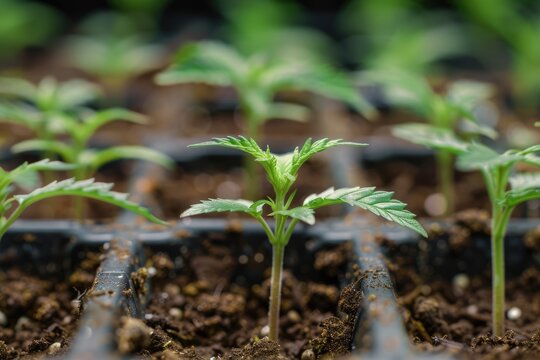 Hemp Seedlings. Potted Cannabis Plants With Marijuana Strain in Background