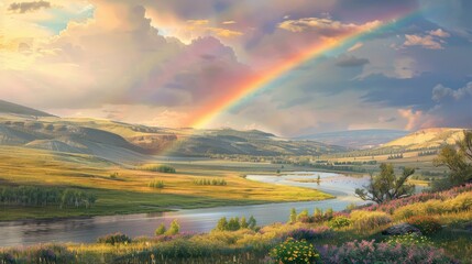 A rainbow over a scenic landscape with rolling hills and a calm river, combining natural beauty with vibrant colors