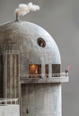 A miniature model of a building with a dome, small miniature people standing, and a danish flag is in the image