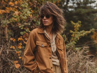 a woman looking cool with sun glasses and a light brown jacket, standing outside as autumn emerges