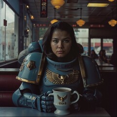a warrior woman in her sci-fi armor suit is getting a well deserved cup of coffee