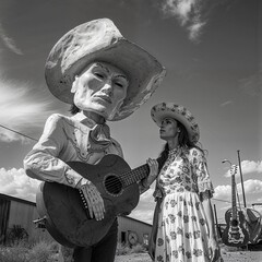 A man wearing a giant paper mache hat and playing a guitar while a woman is looking at him wearing a huge hat