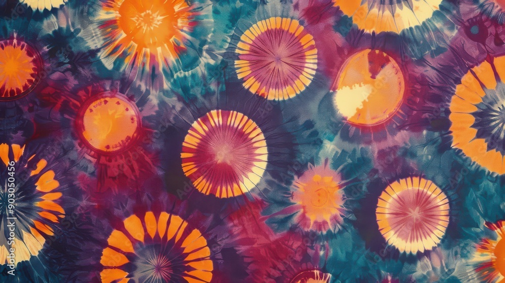 Poster a retro tie-dye background with classic circular patterns and warm tones, evoking a nostalgic and pl