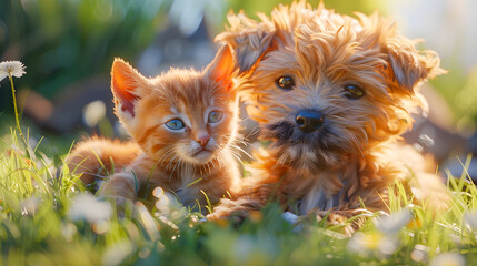 Naklejka premium A cute couple of furry friends little cat and a mischievous little dog, are playing together in the garden on a beautiful sunny day, Friendship of pet concept
