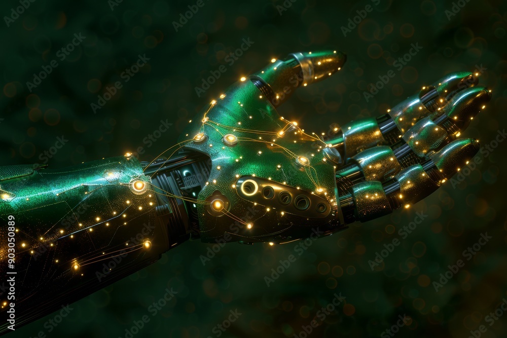 Poster robotic hand with glowing green lights in a futuristic setting highlighting advanced technology and 