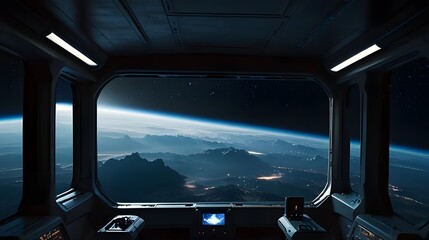 Bright spaceship interior with a view out a dark window 
