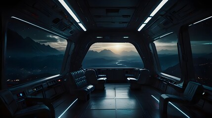 Fototapeta premium Bright spaceship interior with a view out a dark window 