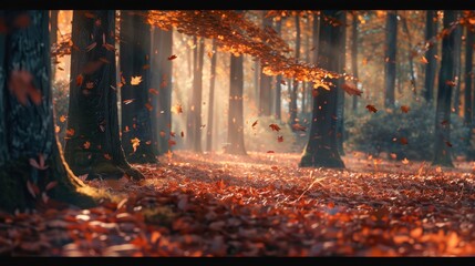 A serene fall scene with fallen leaves scattered on a forest floor, offering a warm and nostalgic atmosphere