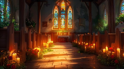 A peaceful chapel interior with candles and stained glass windows