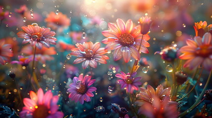 A field of flowers with each petal sparkling with morning dew
