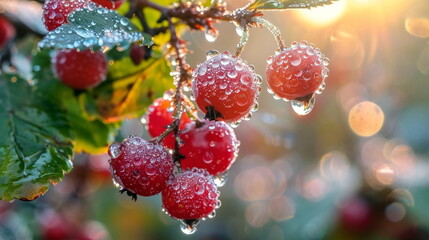 Dew-covered berries hanging from a bush in early morning