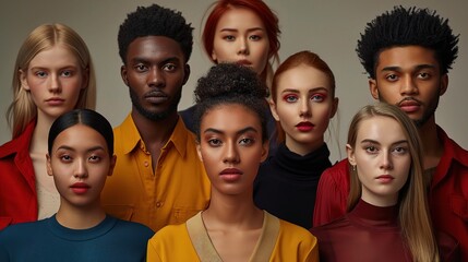 A studio portrait of people, each standing out with different colors and styles, the professional lighting highlighting their features against a clean background