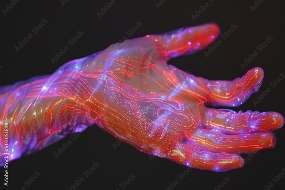 Poster futuristic robotic hand with multicolored lights in a dark setting showcasing advanced technology an