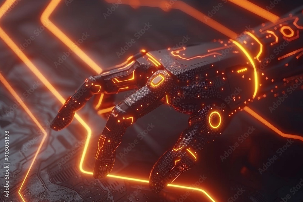 Aufkleber black and orange robotic hand with neon lights in a futuristic setting highlighting advanced technol