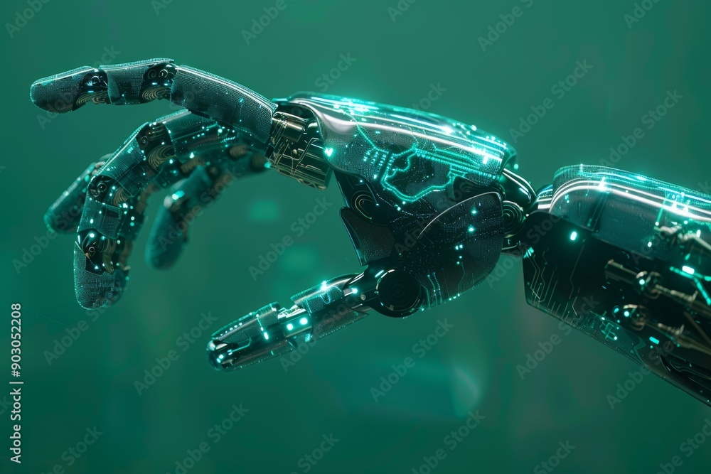 Aufkleber green robotic hand in a studio setting highlighting advanced technology and intricate design.