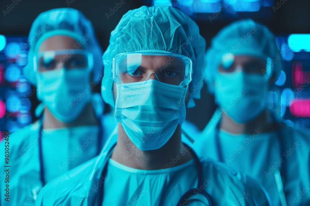 Poster creative visualization of a medical team using advanced holographic interfaces, blending teamwork wi