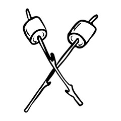 Marshmallows on sticks for roasting on a fire hand drawn in doodle style. Camping sweet food. Vector line art illustration.