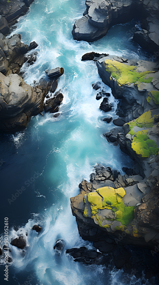 Poster aerial view of turquoise water crashing against rugged rocky cliffs, creating foamy waves. the rocks