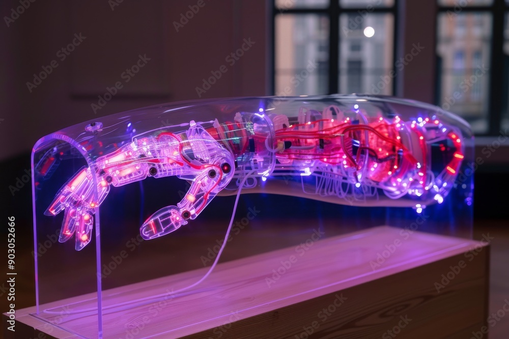 Aufkleber purple and red robotic hand with neon lights in a futuristic setting showcasing advanced technology 