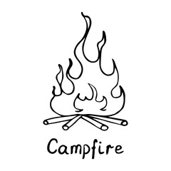 Campfire hand drawn in doodle style. Wood burning fire. Camping in nature. Vector line art illustration.