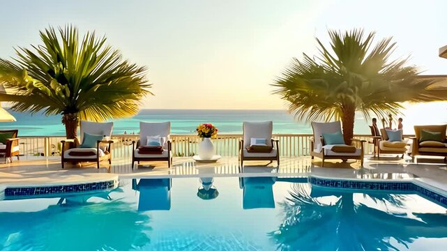 Luxurious Poolside Serenity at a Coastal Resort During Sunset Hours
