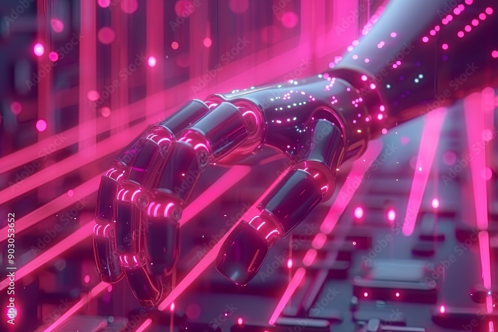 Poster pink neon lit robotic hand in a futuristic setting highlighting advanced technology and sleek design