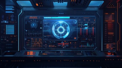 Obraz premium A sleek, high-tech interface with holographic elements and a deep blue color scheme, creating a modern and advanced AI backdrop