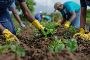 Fototapeta premium a diverse group of farmers diligently planting green seedlings in a freshly tilled field. They wear yellow gloves, focusing intently on their work, showcasing teamwork and agricultural dedication.