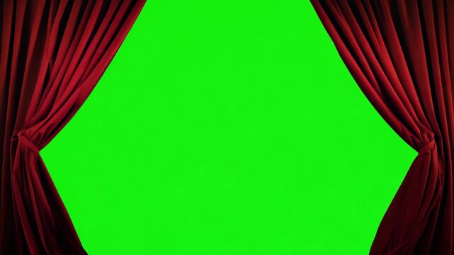 Red theater curtains opening onto a green