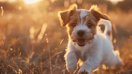 A puppy playing with a ball in the morning sun