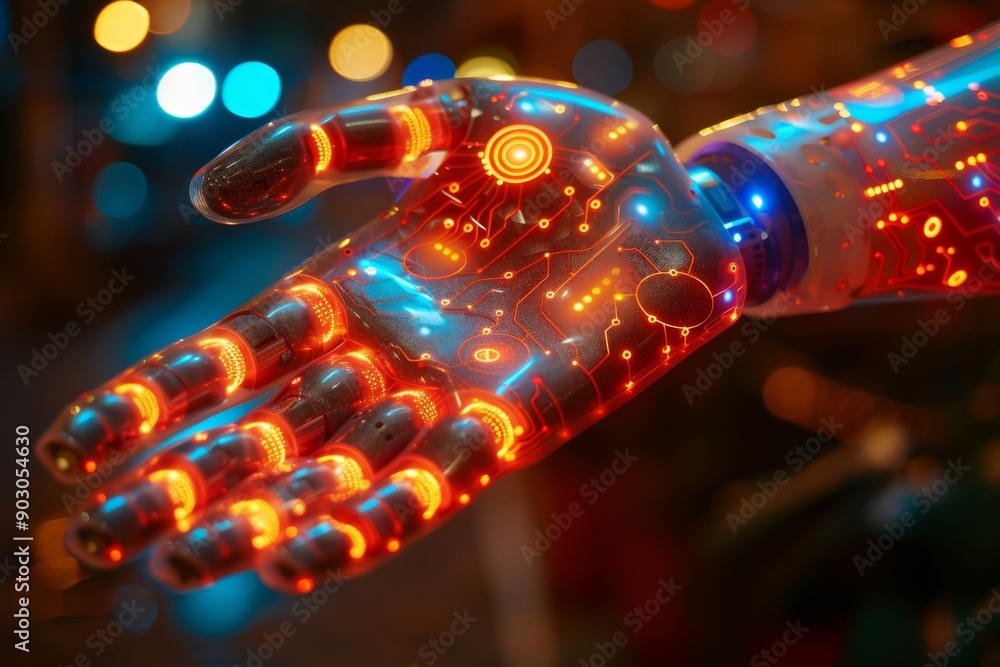 Poster robotic hand with orange lights in an urban setting highlighting advanced technology and intricate d
