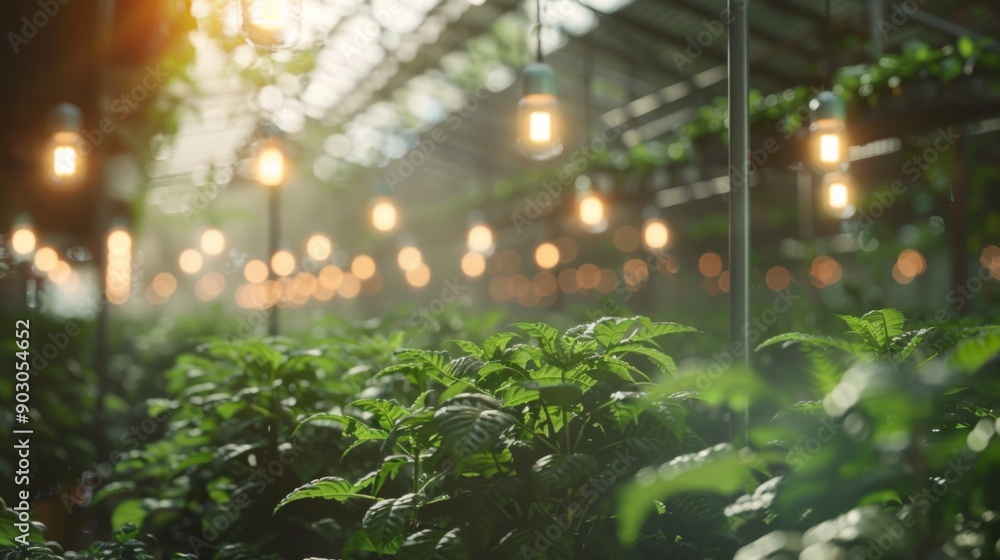 Poster a close-up view of lush green plants growing under warm string lights in a greenhouse setting.