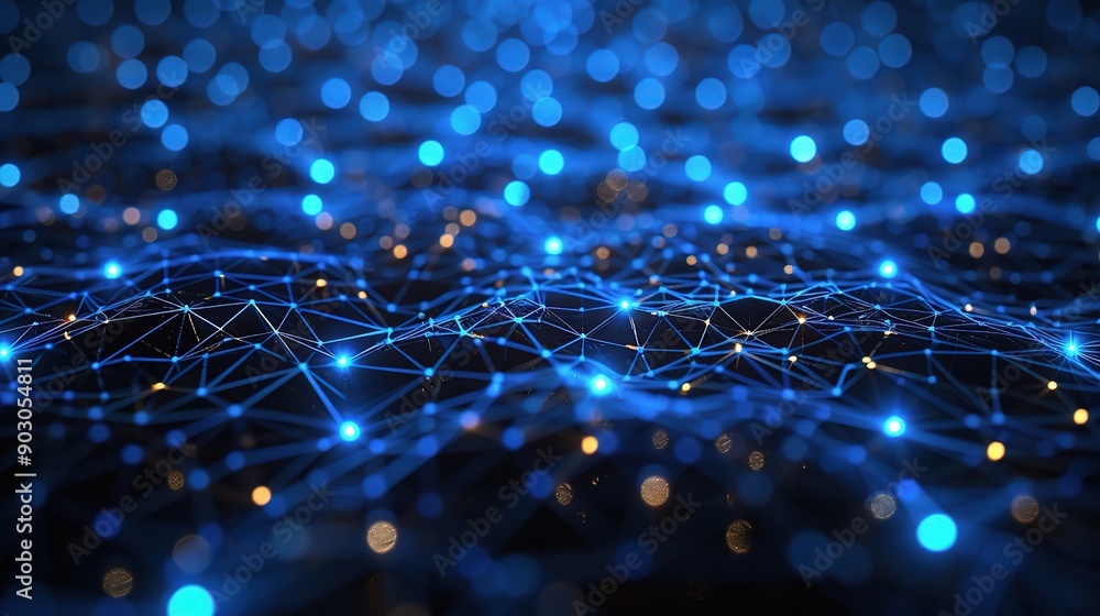 Poster digital constellation: a network of interconnected nodes forms a mesmerizing blue datascape, symboli