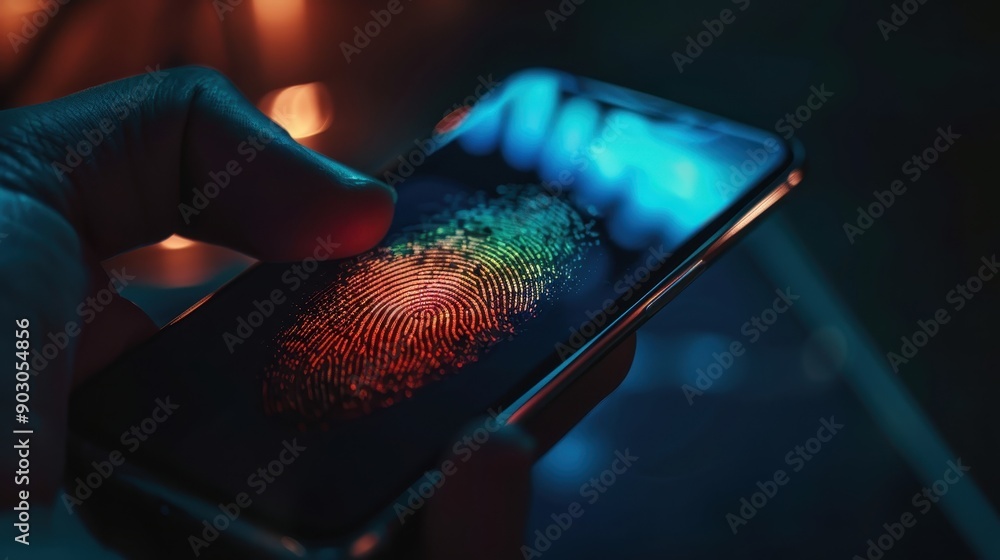 Poster Hand holding a smartphone with a fingerprint scanner illuminated, indicating a biometric security feature