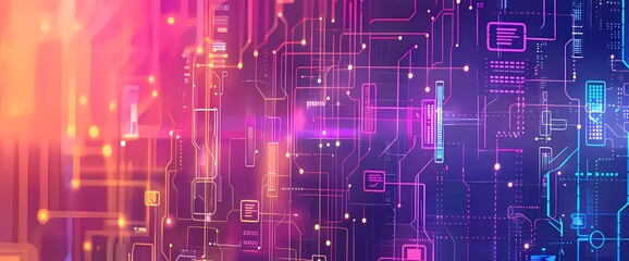 Network of fintech icons on a colorful urban background with neon shades, presented in a cybernetic style. A 3D sketch showcasing comprehensive financial technology.