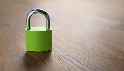 Fototapeta premium Green metal padlock on wooden table. Close-up view.
