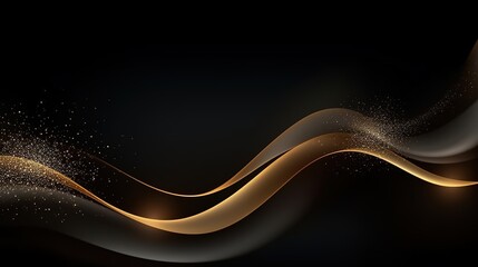 Abstract golden waves on black background with sparkling dust.