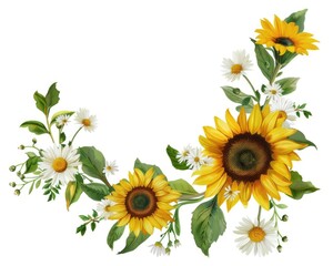 Sunflower Garland. Corner Arrangement of Sunflowers, Daisies, and Acacia Flowers with Green Leaves