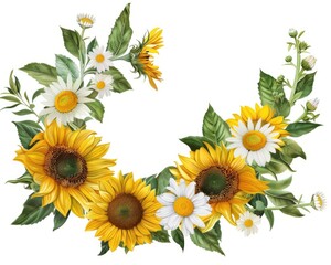 Sunflower Garland. Sunflower, Daisy, Chamomile, and Acacia Flowers with Green Leaves Corner Arrangement