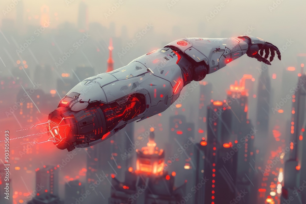 Poster robotic hand with neon red lights in an urban setting showcasing advanced technology and sleek desig