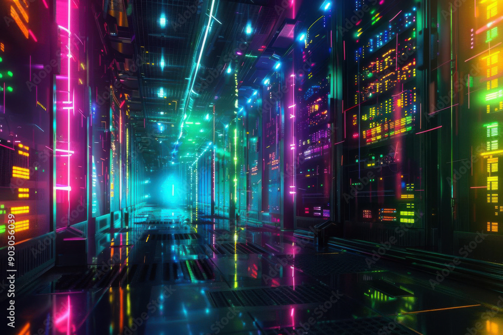 Aufkleber a futuristic server room with advanced cooling systems and data lines glowing with vibrant colors