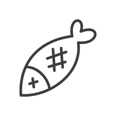 Fototapeta premium Cute fried fish icon. Hand drawn monochrome illustration of a grilled fish isolated on a white background. Kawaii sticker. Vector 10 EPS.
