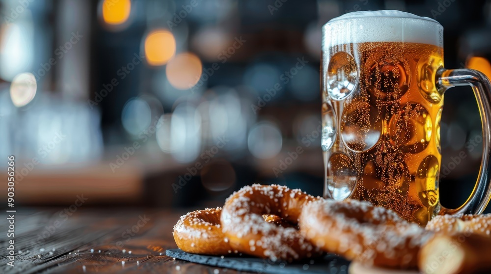 Poster a visually inviting image depicting a classic beer mug filled with beer and a generous frothy head, 