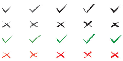 Chalk check mark set. Black charcoal pencil checklist icons, tick cross signs. Grunge checkmark elements. Hand drawn checkbox vote marks, correct or incorrect symbols collection.